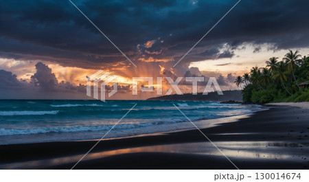 Landscape of tropical beach with beautiful sunset over Pacific Ocean with palm trees, calm waves, enchanting atmosphere, coconuts, colorful sky, photorealistic 130014674