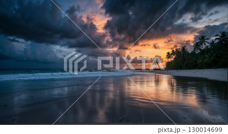 Landscape of tropical beach with beautiful sunset over Pacific Ocean with palm trees, calm waves, enchanting atmosphere, coconuts, colorful sky, photorealistic 130014699