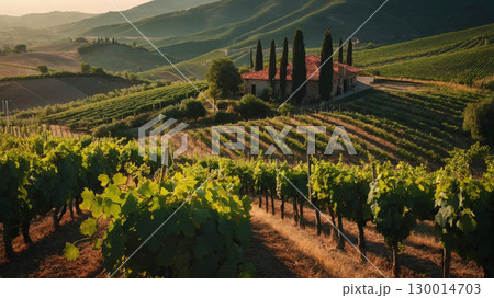 vineyard landscape, panoramic view of a lush vineyard, with rows of grapevines stretching into the distance against a backdrop of rolling hills 130014703