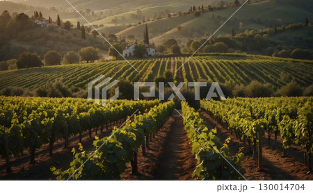 vineyard landscape, panoramic view of a lush vineyard, with rows of grapevines stretching into the distance against a backdrop of rolling hills 130014704