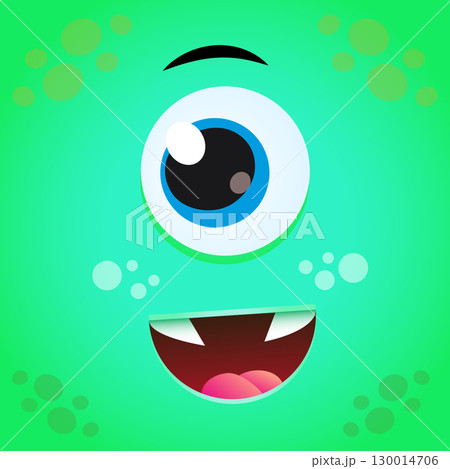 Cartoon green monster face. Vector Halloween monster with one eye. 130014706