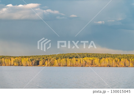 Blue lake with cloudy sky, natural background 130015045