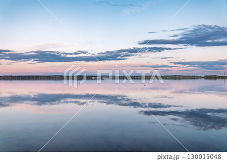 Blue lake with cloudy sky, natural background 130015048