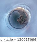 Big lake with green shores in bright sun light, aerial landscape. Recreation concept. Aerial view. Little planet sphere mode. 130015096