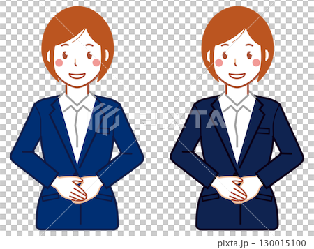 ネイビースーツ、ショートヘアの手を前で重ねる若い女性 130015100