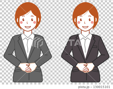 A young woman in a gray suit with short hair clasping her hands together in front of her A young woman in a gray suit with short hair clasping her hands together in front of her 130015101
