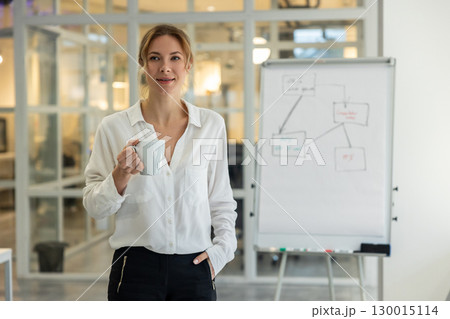 Young business woman working in the office and looking confident 130015114