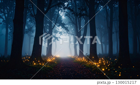 Fireflies illuminating foggy path in dark forest at night Fireflies illuminating foggy path in dark forest at night 130015217