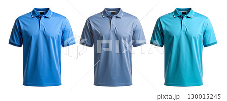 Three blue polo shirts with transparent background showing different shades of color 130015245