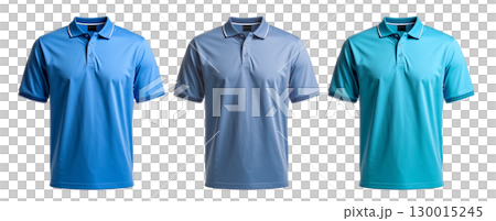 Three blue polo shirts with transparent background showing different shades of color 130015245