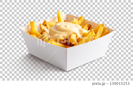 French fries with melted cheese sauce served in a white take-out container box 130015253