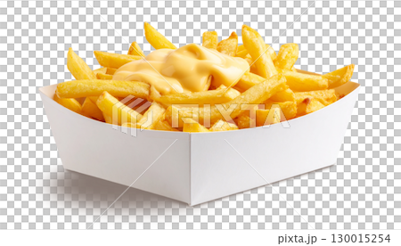 French fries with cheese sauce in a white carton box isolated on transparent background 130015254