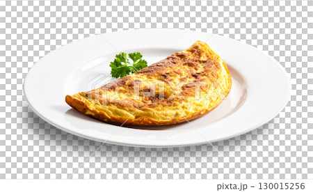 Delicious plain omelette with parsley on white plate with transparent background 130015256