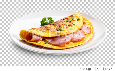 Delicious omelet with ham and parsley on white plate with transparent background Delicious omelet with ham and parsley on white plate with transparent background 130015257