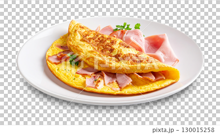 Delicious omelet with ham and parsley on white plate with transparent background 130015258