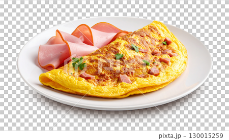Delicious omelet with ham and parsley on white plate with transparent background Delicious omelet with ham and parsley on white plate with transparent background 130015259