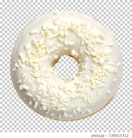 Delicious donut with white icing and sprinkles on transparent background Delicious donut with white icing and sprinkles on transparent background 130015312