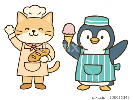 パン屋の猫とアイス屋のペンギンのイラスト 130015345