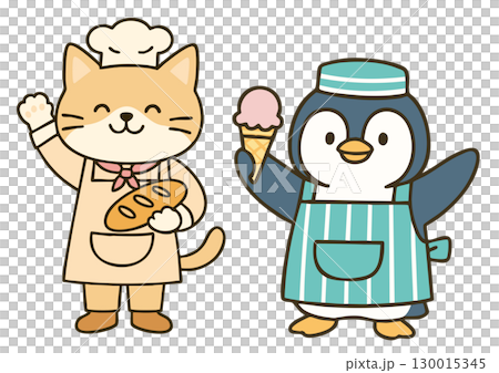 麵包店的貓和冰淇淋店的企鵝的插圖 130015345