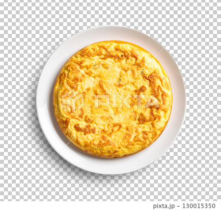 Spanish omelette with potatoes and onions, resting on white plate with transparent background 130015350