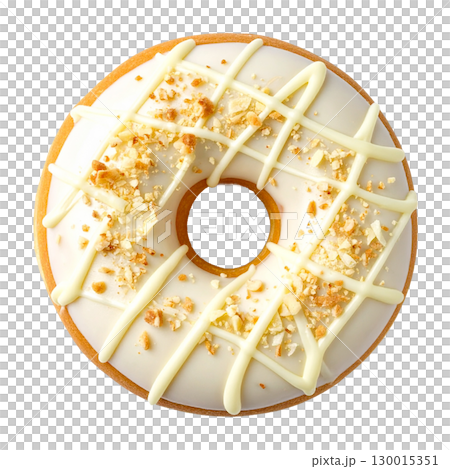 Delicious donut with white chocolate and hazelnut topping on transparent background Delicious donut with white chocolate and hazelnut topping on transparent background 130015351