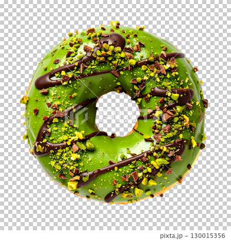 Delicious pistachio donut with chocolate icing on transparent background Delicious pistachio donut with chocolate icing on transparent background 130015356