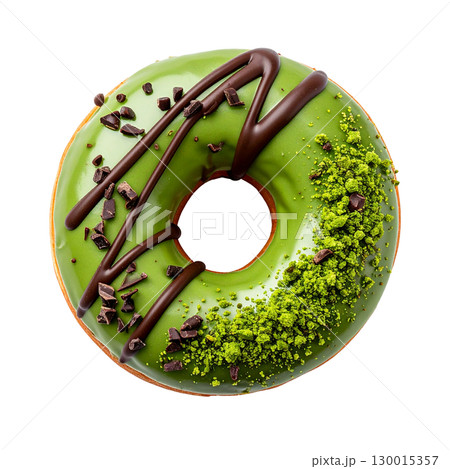 Matcha and chocolate donut with pistachio topping on transparent background 130015357