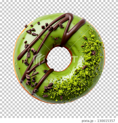 Matcha and chocolate donut with pistachio topping on transparent background 130015357