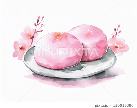 桜を添えた春の和菓子ピンク饅頭の水彩イラスト｜和菓子,桜餅,饅頭,春,桜,ピンク,水彩風 130015396