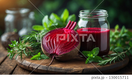 Fresh beetroot juice with herbs on rustic wooden table Fresh beetroot juice with herbs on rustic wooden table 130015711
