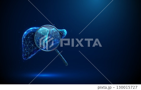 Abstract blue human liver with magnifying glass. Medical diagnostics and health concept, disease detection and analysis concept. 130015727
