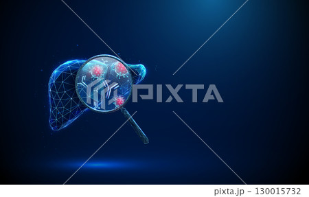 Liver with magnifying glass, red viruses, blue antibodies inside. Viral hepatitis, immune response detection, serological testing, liver disease diagnostics. 130015732