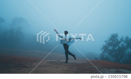 Peaceful Moment Embracing Nature in Misty Park 130015796