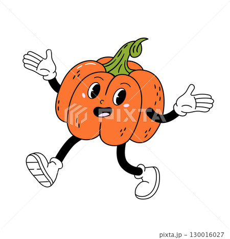 Joyful pumpkin character walks happily and spreads his arms. Hand drawn vector illustration in modern retro style. 130016027