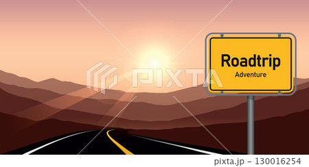 road trip adventure in mountain landscape at sunset vector illustration road trip adventure in mountain landscape at sunset vector illustration 130016254