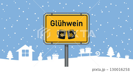 place sign with german word mulled wine in snowy winter landscape vector illustration 130016258