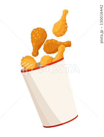 Fried chicken. Crispy fried chicken drumsticks in paper bucket isolated on white background. Beautiful delicious in cartoon style. Fresh fast food fry meat Fried chicken. Crispy fried chicken drumsticks in paper bucket isolated on white background. Beautiful delicious in cartoon style. Fresh fast food fry meat 130016442