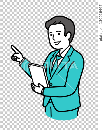 一位穿著西裝的中年男子拿著平板電腦解釋 一位穿著西裝的中年男子拿著平板電腦解釋 130016467