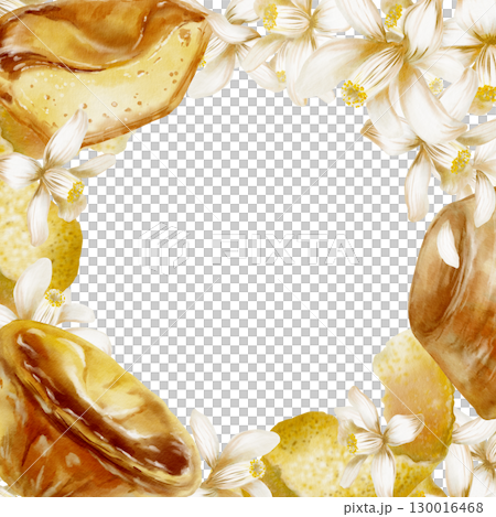 Square frame with pastel de Nata dessert,blooming white lemon tree flowers,peel,zest spirals and curls-fragrant for menu of bakery.Hand drawn watercolor illustration isolated on white Square frame with pastel de Nata dessert,blooming white lemon tree flowers,peel,zest spirals and curls-fragrant for menu of bakery.Hand drawn watercolor illustration isolated on white 130016468