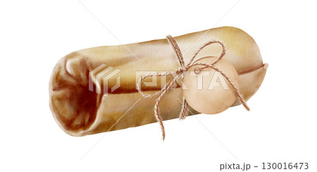 Brown kraft paper scroll in horizontal vintage view tied with rope in a bow and empty tag with natural texture.Rustic hand drawn watercolor illustration isolated on white for eco-friendly packaging Brown kraft paper scroll in horizontal vintage view tied with rope in a bow and empty tag with natural texture.Rustic hand drawn watercolor illustration isolated on white for eco-friendly packaging 130016473