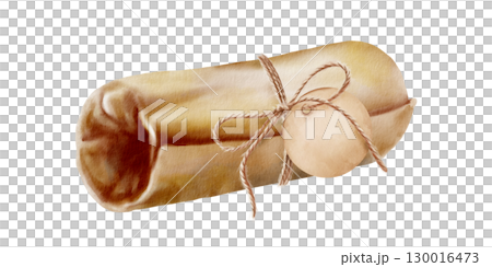 Brown kraft paper scroll in horizontal vintage view tied with rope in a bow and empty tag with natural texture.Rustic hand drawn watercolor illustration isolated on white for eco-friendly packaging Brown kraft paper scroll in horizontal vintage view tied with rope in a bow and empty tag with natural texture.Rustic hand drawn watercolor illustration isolated on white for eco-friendly packaging 130016473