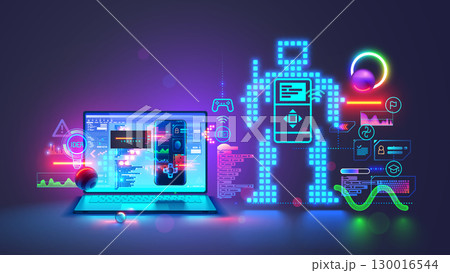 Kids coding. Kids science. Kids learning to coding, programming Robot toy in online IT school. Engineering courses in internet for children. Kids studying robotics technology, coding on laptop. Kids coding. Kids science. Kids learning to coding, programming Robot toy in online IT school. Engineering courses in internet for children. Kids studying robotics technology, coding on laptop. 130016544