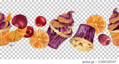Whipped cream topped cupcakes, muffins with citrus mousse swirl, orange slices and ripe cherry berries hand painted in watercolor. Seamless tiles, repeatable menu borders and banners, baking headers 130016547