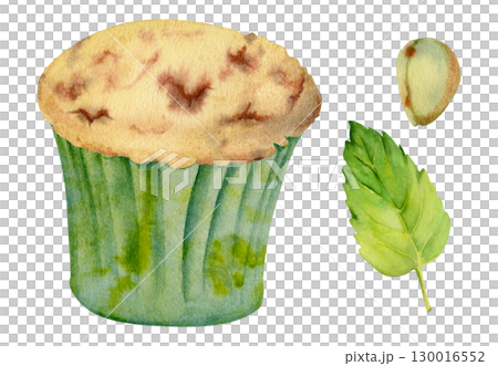Watercolor cupcake in craft paper wrapper, artisanal baked muffin in frilled cup with fresh mint leaf, pistachio nut kernel. Isolated hand drawn illustration for culinary stickers, food-themed packs. Watercolor cupcake in craft paper wrapper, artisanal baked muffin in frilled cup with fresh mint leaf, pistachio nut kernel. Isolated hand drawn illustration for culinary stickers, food-themed packs. 130016552
