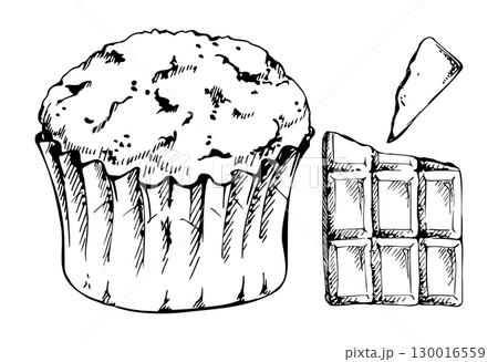 Vector ink homemade muffin cupcake in waxed ruffled paper wrap with broken chocolate bar chunks, cocoa chips. Hand drawn isolated illustration for culinary recipe layouts, event decor, bakery tags. 130016559
