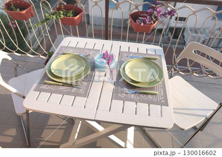 Served table on balcony. Food and lifestyle. Traditional buildings in Italy. 130016602