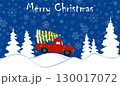 A bright red truck transports a beautifully adorned Christmas tree, driving over snow-covered hills under a deep blue sky filled with snowflakes. Pine trees stand tall along the way 130017072