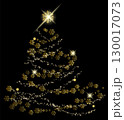 A stunning Christmas tree is illustrated in a golden hue, adorned with intricate snowflakes and shining stars. This festive design radiates holiday cheer against a dark backdrop 130017073