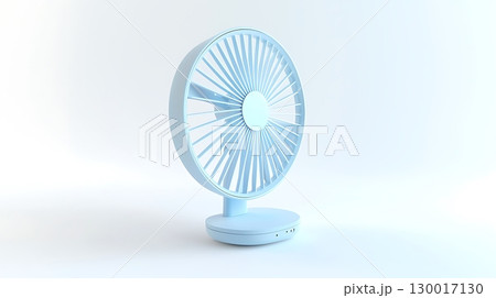 A white fan with blue blades sits on a white background 130017130