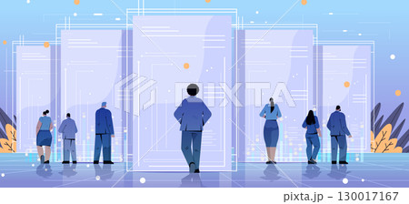 Job applicants recruitment process diverse business people standing in front of large digital resumes futuristic office environment blue abstract background 130017167